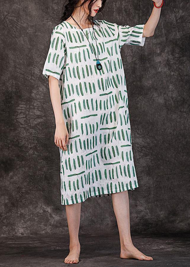 Women o neck pockets linen clothes Wardrobes green striped Dresses summer - SooLinen