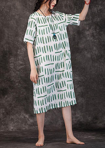 Women o neck pockets linen clothes Wardrobes green striped Dresses summer - SooLinen