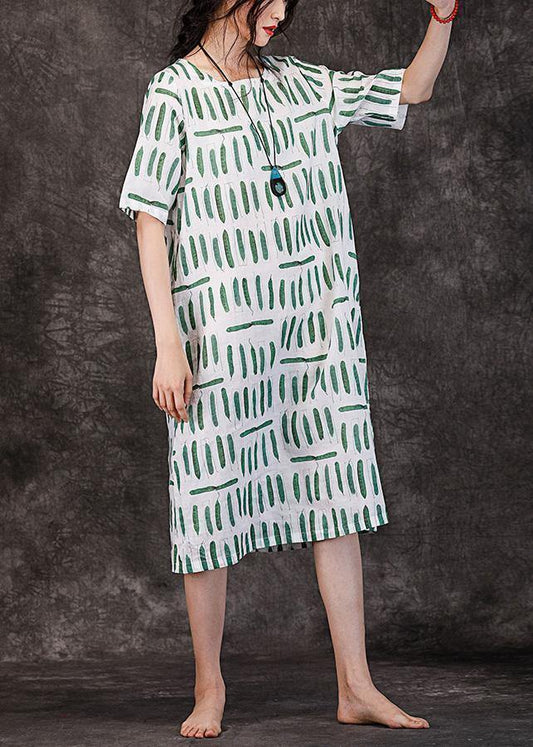 Women o neck pockets linen clothes Wardrobes green striped Dresses summer - SooLinen