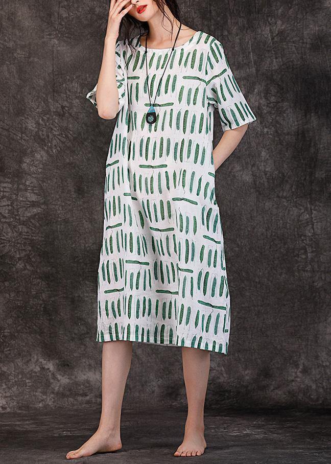 Women o neck pockets linen clothes Wardrobes green striped Dresses summer - SooLinen