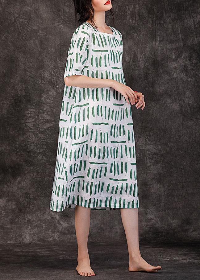 Women o neck pockets linen clothes Wardrobes green striped Dresses summer - SooLinen