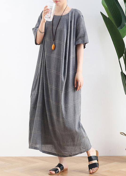 Women o neck short sleeve cotton outfit Neckline gray plaid cotton robes Dresses - SooLinen