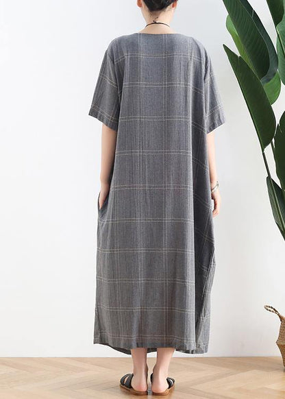 Women o neck short sleeve cotton outfit Neckline gray plaid cotton robes Dresses - SooLinen