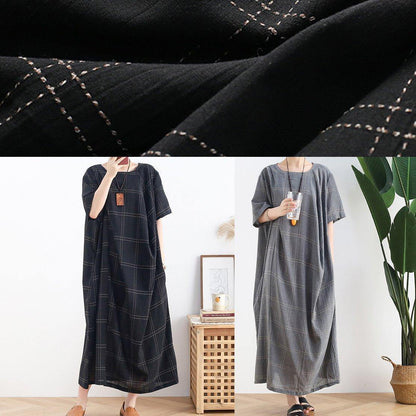 Women o neck short sleeve cotton outfit Neckline gray plaid cotton robes Dresses - SooLinen