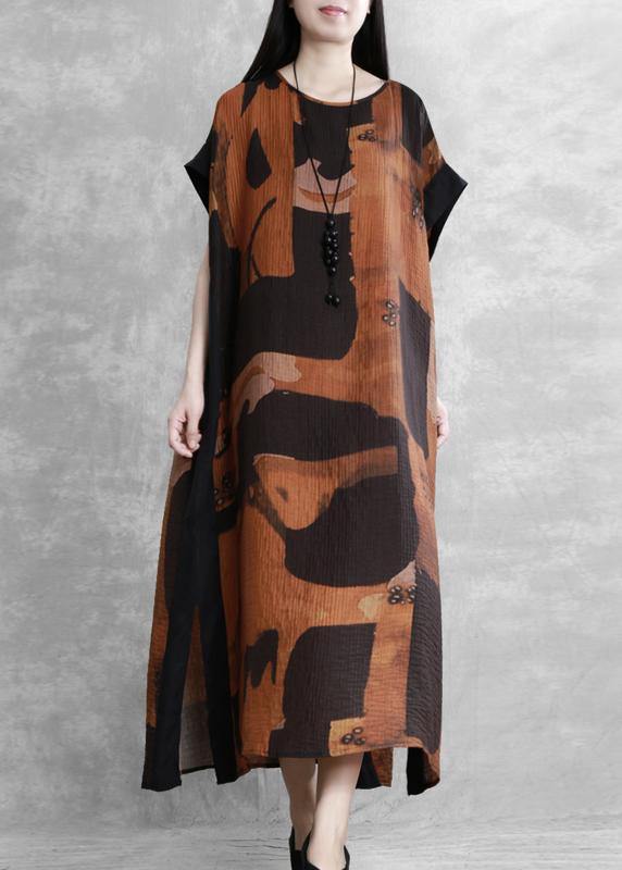 Women o neck side open summer outfit Tutorials Vintage black print Dress - SooLinen