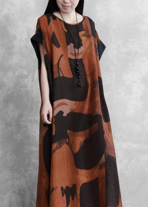 Women o neck side open summer outfit Tutorials Vintage black print Dress - SooLinen