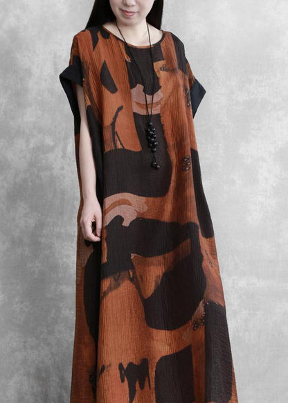 Women o neck side open summer outfit Tutorials Vintage black print Dress - SooLinen