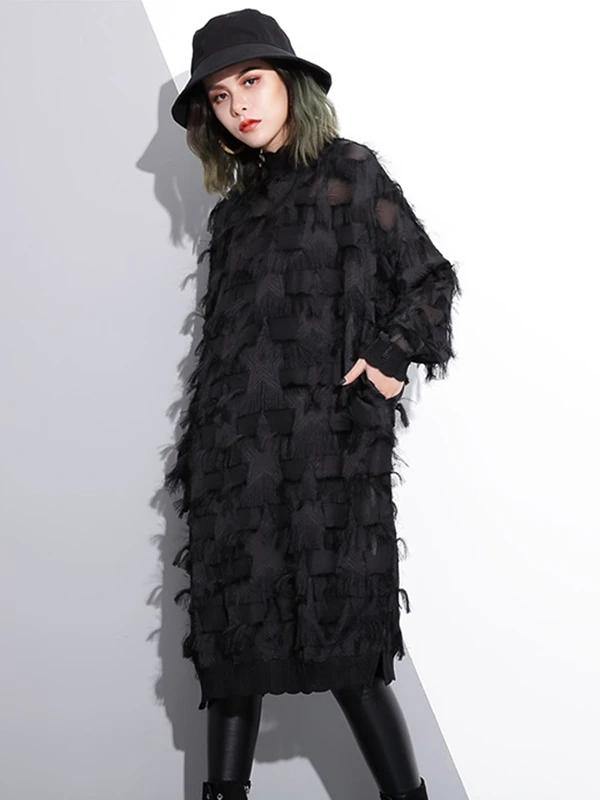 Women o neck tassel outfit Work Outfits black Dress - SooLinen