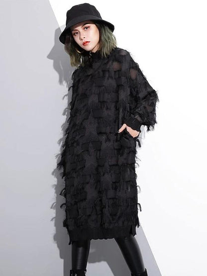 Women o neck tassel outfit Work Outfits black Dress - SooLinen