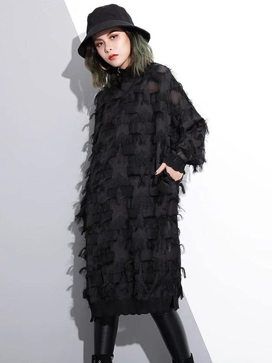 Women o neck tassel outfit Work Outfits black Dress - SooLinen