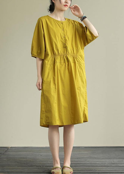 Women o neck Cinched Cotton summe routfit Catwalk yellow Dress - SooLinen