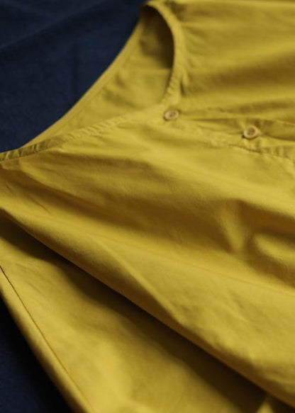 Women o neck Cinched Cotton summe routfit Catwalk yellow Dress - SooLinen