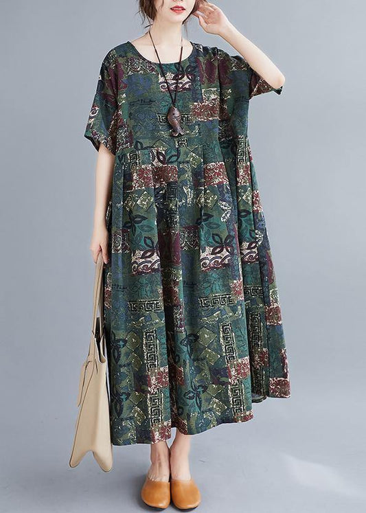 Women o neck Cinched clothes Catwalk green Plant printing Dress - SooLinen