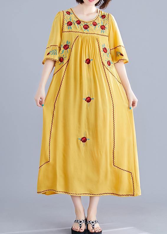 Women o neck Cinched cotton linen Robes Fabrics yellow embroidery Dresses summer - SooLinen