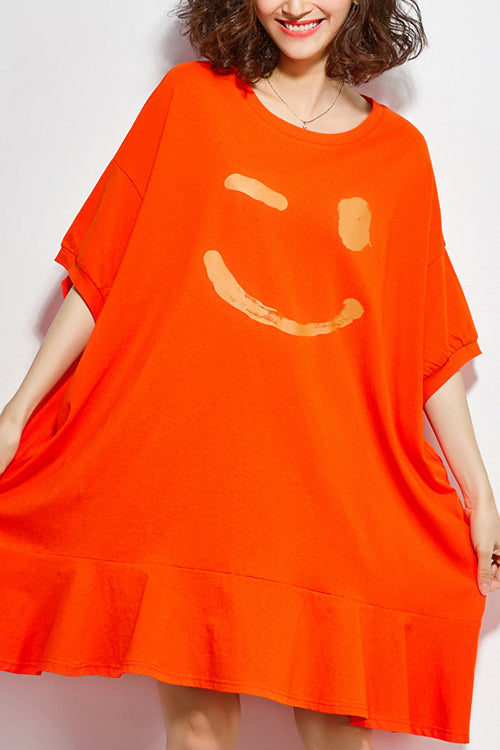 Women orange Cotton dresses Fitted Sewing o neck half sleeve Knee summer Dress