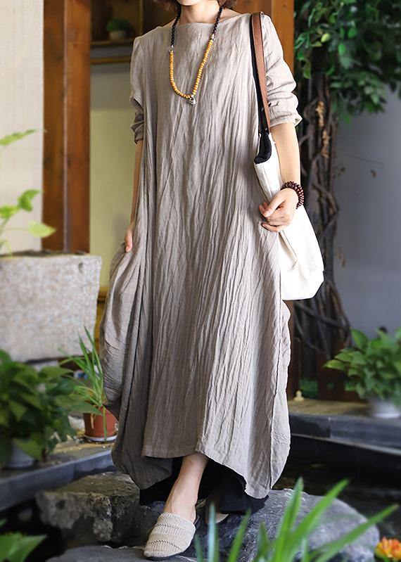 Women patchwork linen Robes Sleeve nude Dresses fall - SooLinen