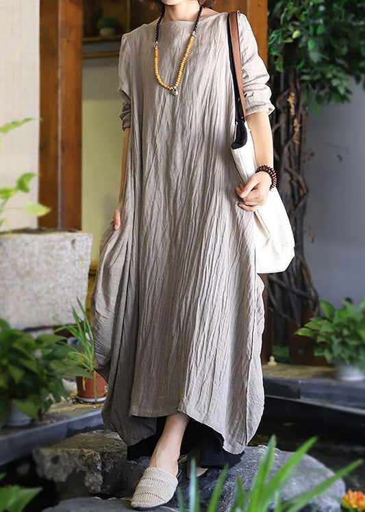 Women patchwork linen Robes Sleeve nude Dresses fall - SooLinen