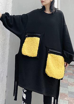 Women patchwork pockets Cotton side open clothes Women linen black Dress - SooLinen