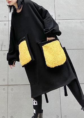 Women patchwork pockets Cotton side open clothes Women linen black Dress - SooLinen