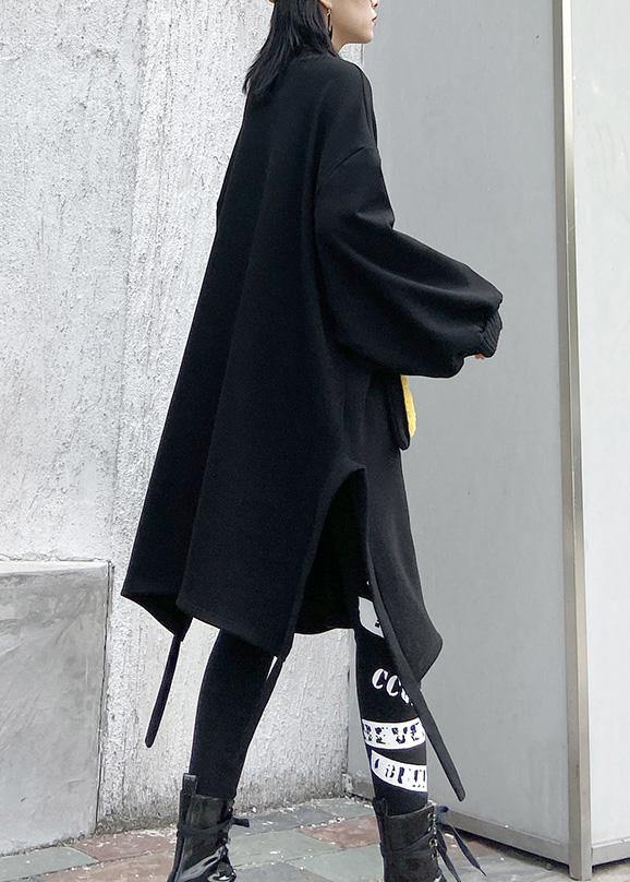 Women patchwork pockets Cotton side open clothes Women linen black Dress - SooLinen