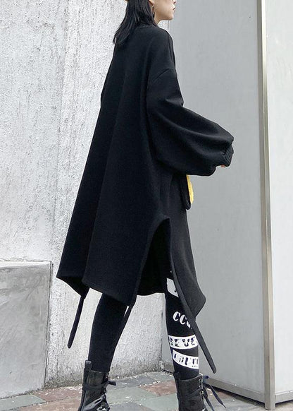 Women patchwork pockets Cotton side open clothes Women linen black Dress - SooLinen