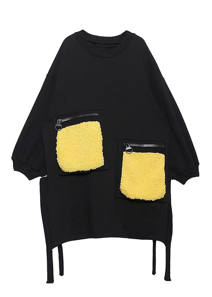 Women patchwork pockets Cotton side open clothes Women linen black Dress - SooLinen