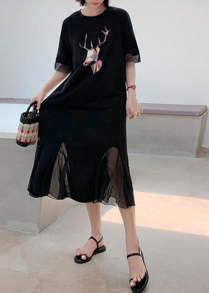Women patchwork tulle cotton quilting clothes Outfits black prints long Dresses summer - SooLinen
