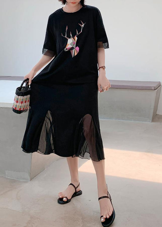 Women patchwork tulle cotton quilting clothes Outfits black prints long Dresses summer - SooLinen