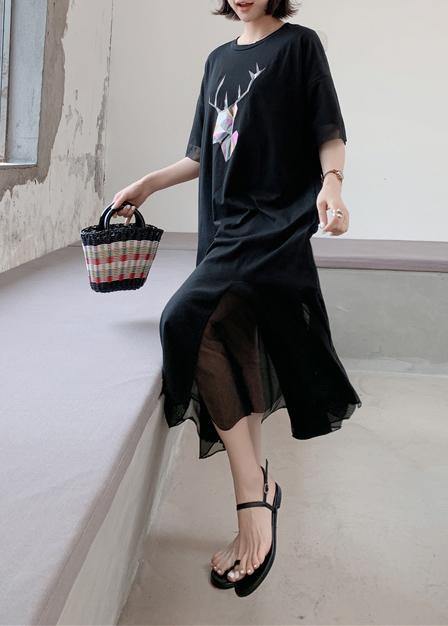 Women patchwork tulle cotton quilting clothes Outfits black prints long Dresses summer - SooLinen