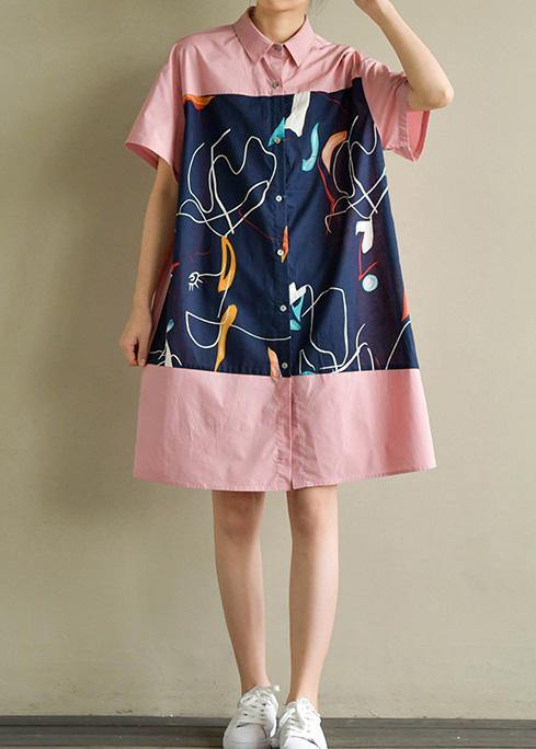 Women pink Cotton quilting clothes lapel patchwork Knee summer Dress - SooLinen