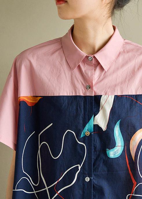 Women pink Cotton quilting clothes lapel patchwork Knee summer Dress - SooLinen