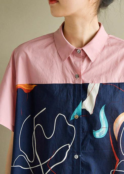 Women pink Cotton quilting clothes lapel patchwork Knee summer Dress - SooLinen