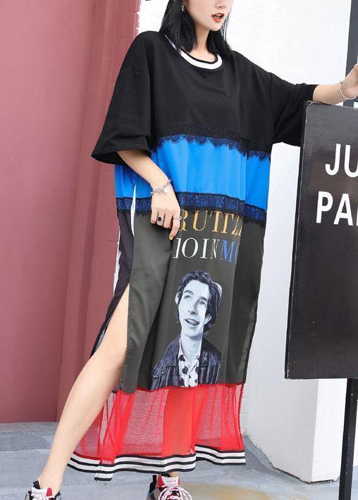 Women prints Cotton tunics for women pattern black patchwork Dresses summer - SooLinen