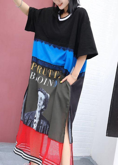 Women prints Cotton tunics for women pattern black patchwork Dresses summer - SooLinen