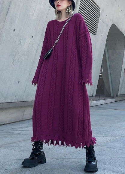 Women purple Sweater dresses Refashion cable Largo tassel sweater dress - SooLinen