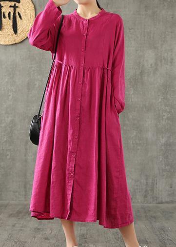 Women purple linen Wardrobes Cinched pockets cotton spring Dress - SooLinen