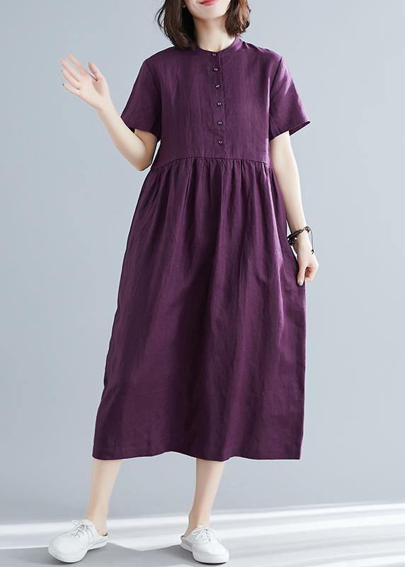 Women purple linen cotton clothes For Women plus size Fashion Ideas o neck large hem Maxi Summer Dresses - SooLinen