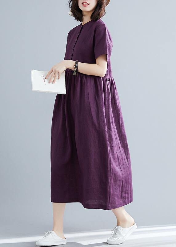 Women purple linen cotton clothes For Women plus size Fashion Ideas o neck large hem Maxi Summer Dresses - SooLinen