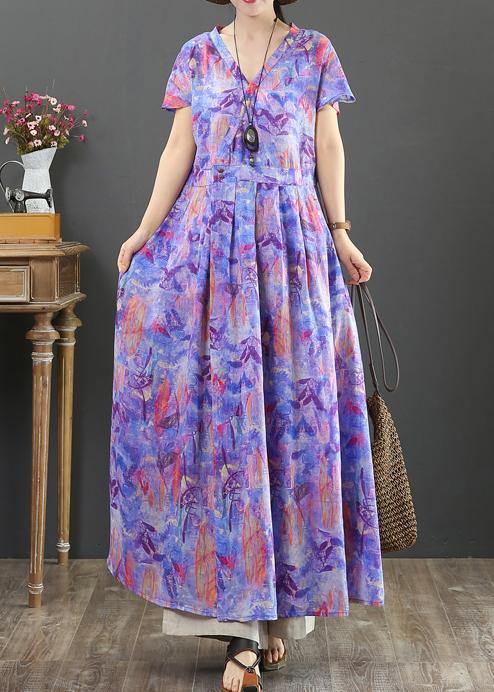 Women purple print cotton clothes v neck Cinched Plus Size Clothing Dress - SooLinen