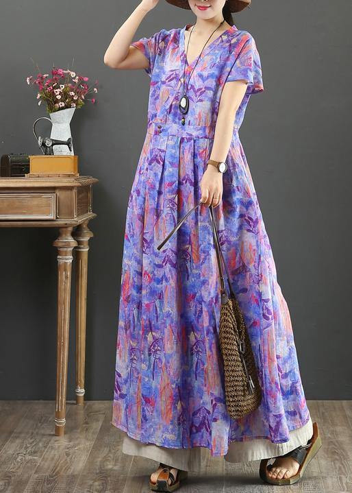 Women purple print cotton clothes v neck Cinched Plus Size Clothing Dress - SooLinen