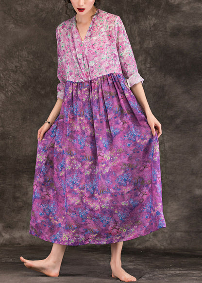 Women purple print linen dresses fine v neck patchwork loose spring Dresses