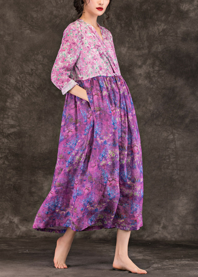Women purple print linen dresses fine v neck patchwork loose spring Dresses