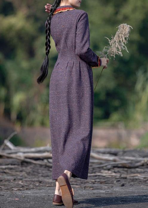 Women purple print outfit lapel pockets A Line spring Dresses - SooLinen