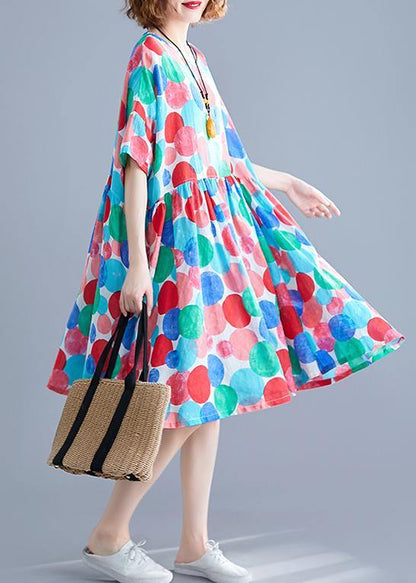 Women red dotted Cotton quilting clothes o neck Cinched Knee summer Dress - SooLinen
