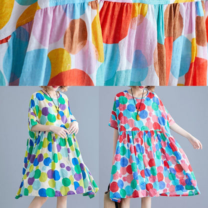 Women red dotted Cotton quilting clothes o neck Cinched Knee summer Dress - SooLinen