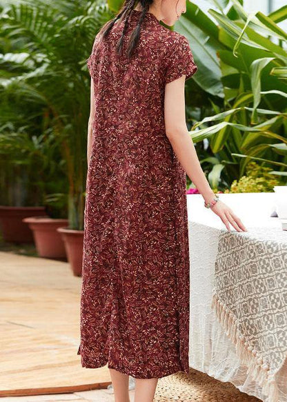 Women red print linen cotton clothes stand collar side open Dresses summer Dresses - SooLinen