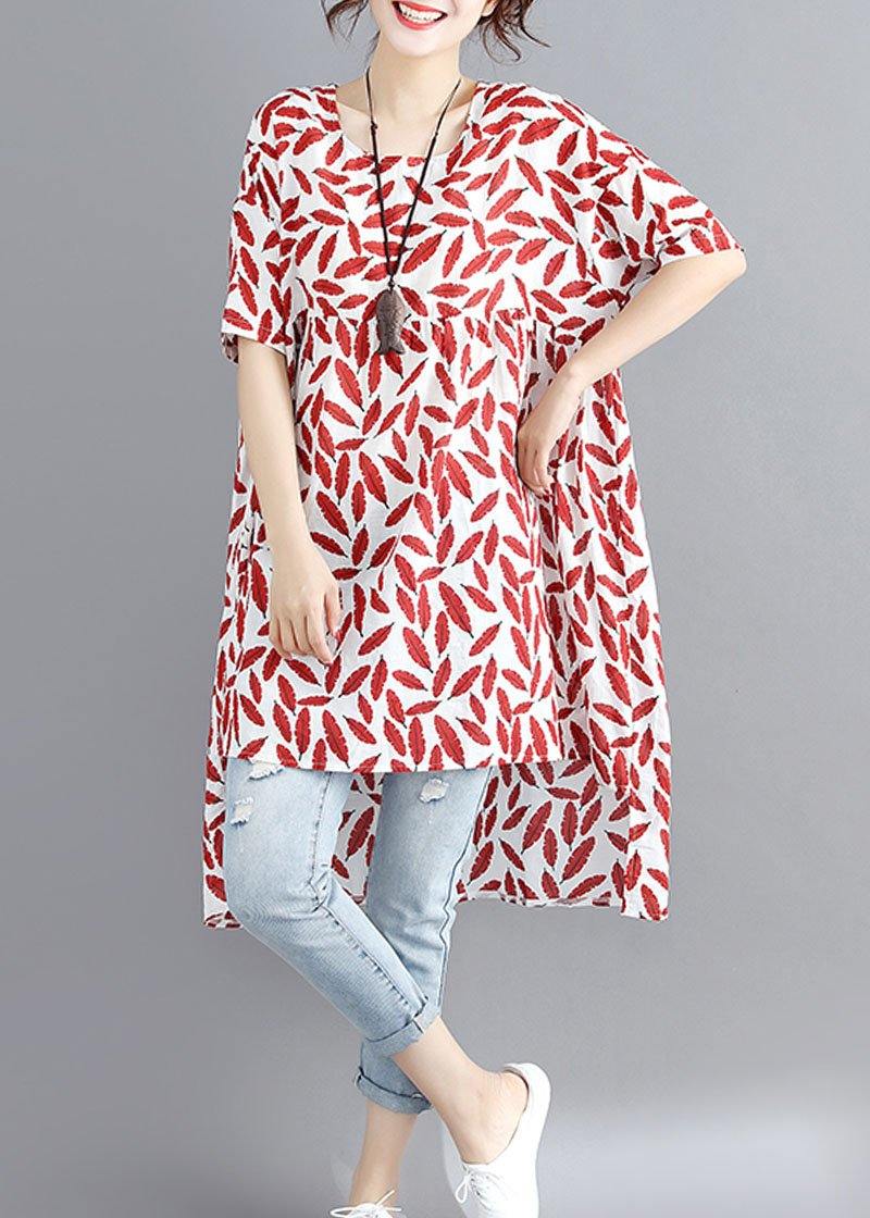 Women red print linen cotton o neck asymmetric summer Dress - SooLinen