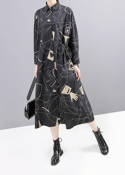 Women red prints cotton Robes patchwork fall shirt Dress - SooLinen