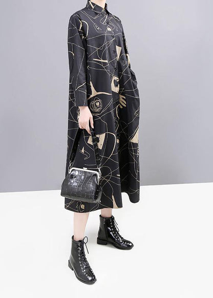 Women red prints cotton Robes patchwork fall shirt Dress - SooLinen