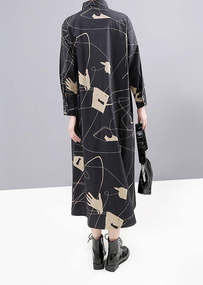 Women red prints cotton Robes patchwork fall shirt Dress - SooLinen